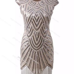Beaded Ivory Fringe Art Deco Midi Dress